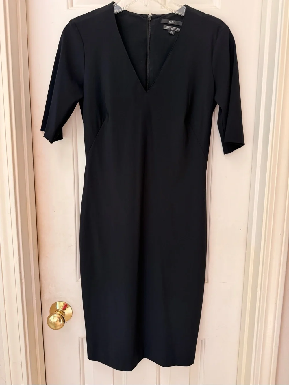 SET Black V-Neck Knee Length Sheath Dress, Fitted Stretch, Short Sleeve, Sz S - Picture 12 of 16